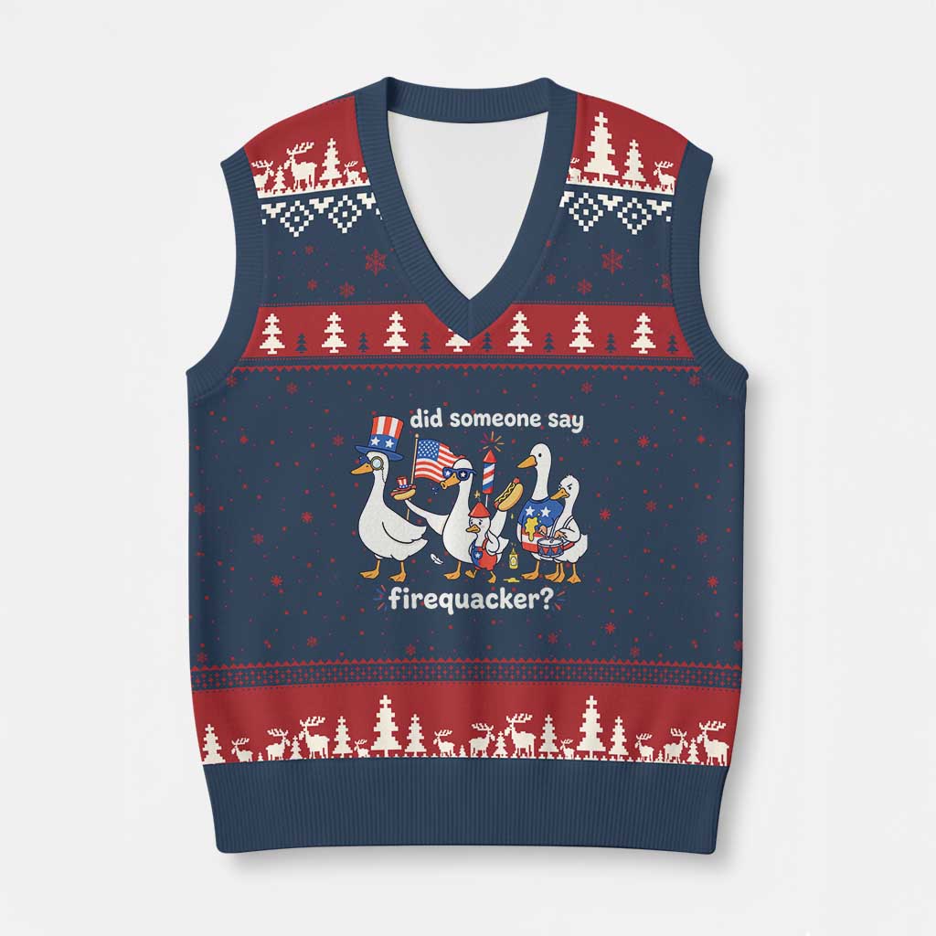 Funny Patriotic Duck Family 4th of July Fireworks V-Neck Knit Sweater Vest Did Someone Say Firequacker Word Pun Cute Graphic