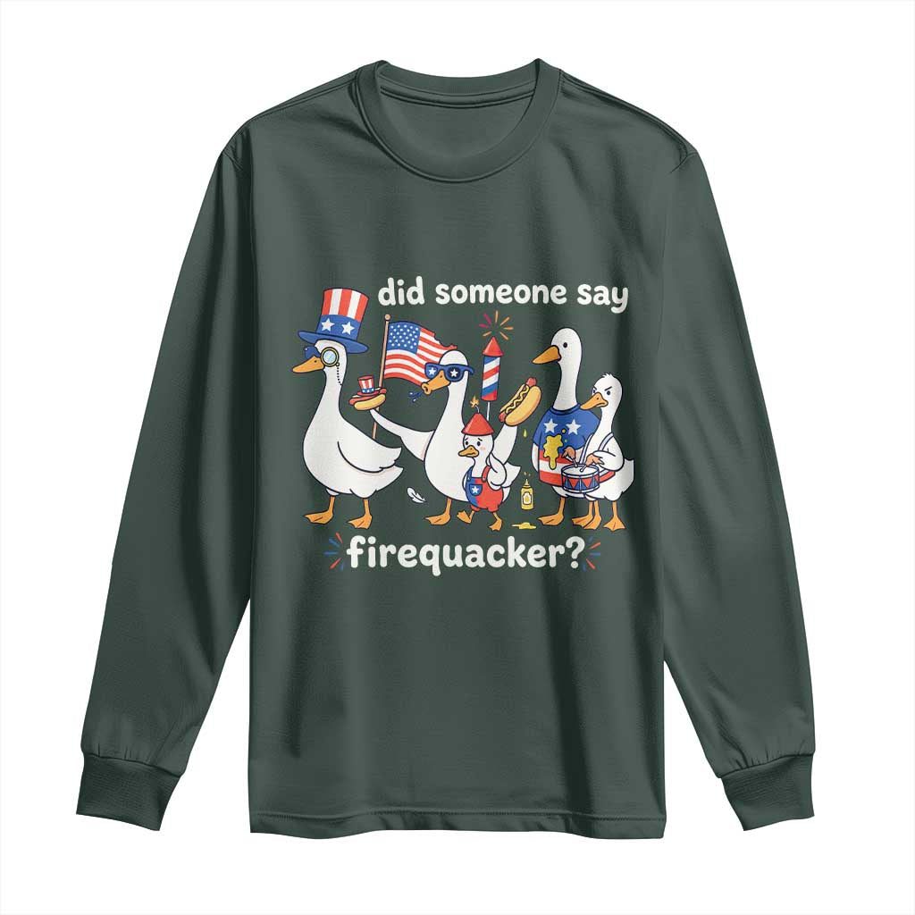Funny Patriotic Duck Family 4th of July Fireworks Long Sleeve Shirt Did Someone Say Firequacker Word Pun Cute Graphic