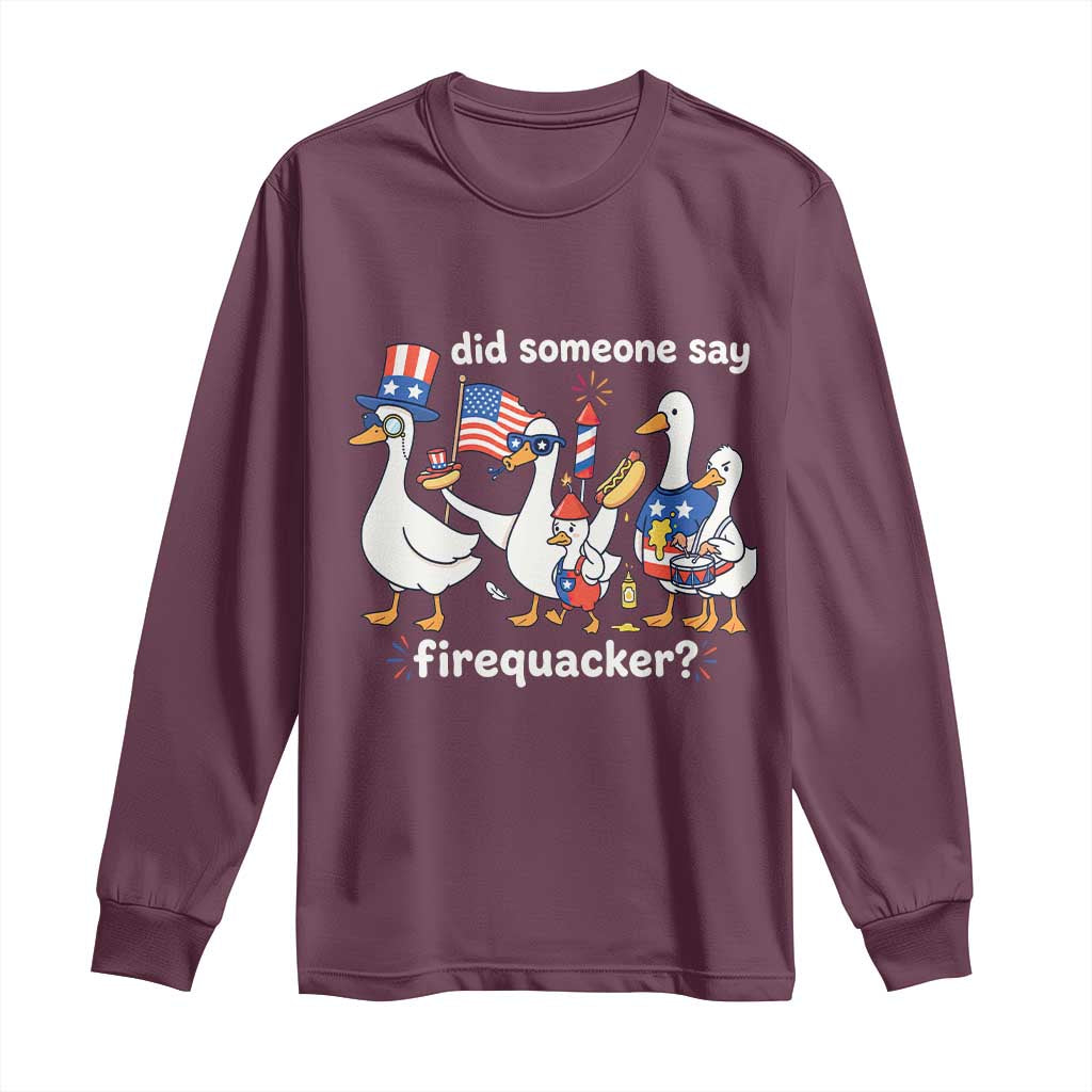Funny Patriotic Duck Family 4th of July Fireworks Long Sleeve Shirt Did Someone Say Firequacker Word Pun Cute Graphic