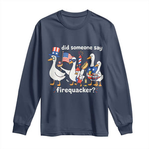 Funny Patriotic Duck Family 4th of July Fireworks Long Sleeve Shirt Did Someone Say Firequacker Word Pun Cute Graphic