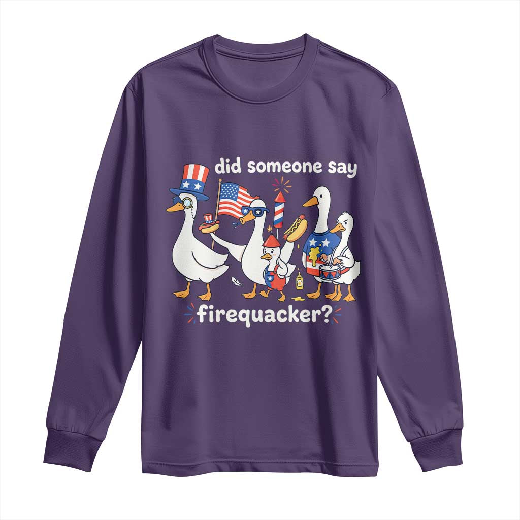 Funny Patriotic Duck Family 4th of July Fireworks Long Sleeve Shirt Did Someone Say Firequacker Word Pun Cute Graphic