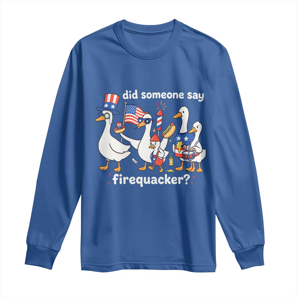 Funny Patriotic Duck Family 4th of July Fireworks Long Sleeve Shirt Did Someone Say Firequacker Word Pun Cute Graphic