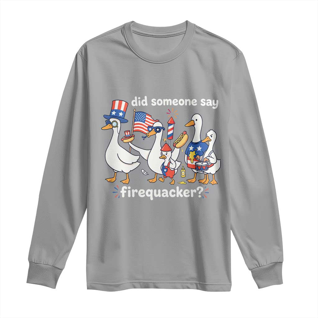 Funny Patriotic Duck Family 4th of July Fireworks Long Sleeve Shirt Did Someone Say Firequacker Word Pun Cute Graphic