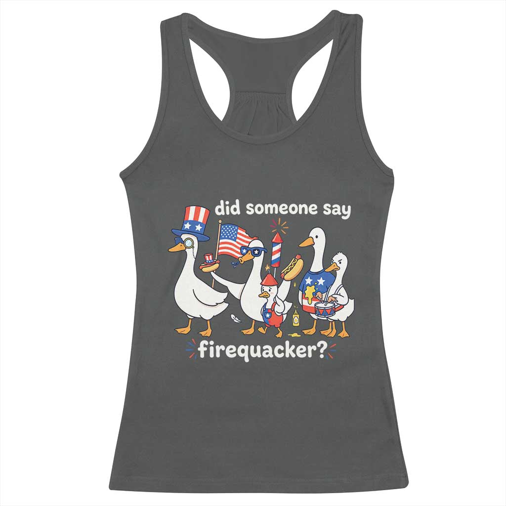Funny Patriotic Duck Family 4th of July Fireworks Racerback Tank Top Did Someone Say Firequacker Word Pun Cute Graphic