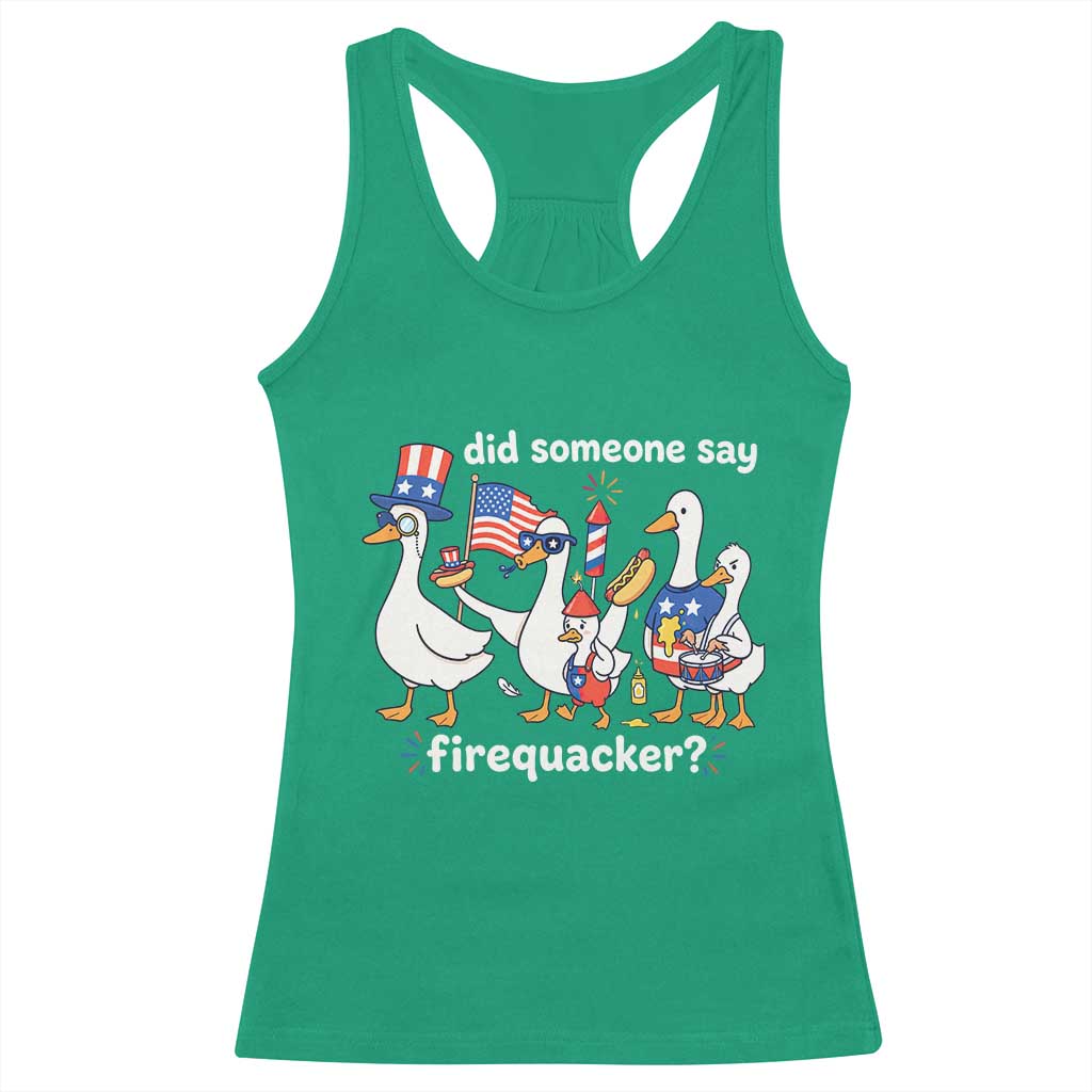 Funny Patriotic Duck Family 4th of July Fireworks Racerback Tank Top Did Someone Say Firequacker Word Pun Cute Graphic