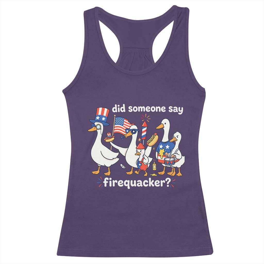 Funny Patriotic Duck Family 4th of July Fireworks Racerback Tank Top Did Someone Say Firequacker Word Pun Cute Graphic