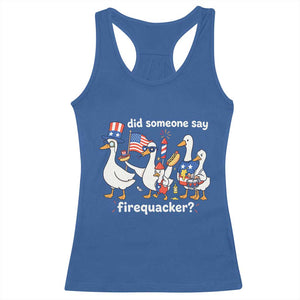 Funny Patriotic Duck Family 4th of July Fireworks Racerback Tank Top Did Someone Say Firequacker Word Pun Cute Graphic