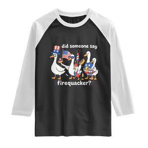 Funny Patriotic Duck Family 4th of July Fireworks Raglan Shirt Did Someone Say Firequacker Word Pun Cute Graphic