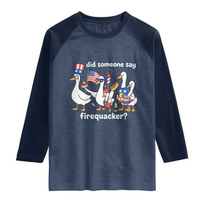 Funny Patriotic Duck Family 4th of July Fireworks Raglan Shirt Did Someone Say Firequacker Word Pun Cute Graphic