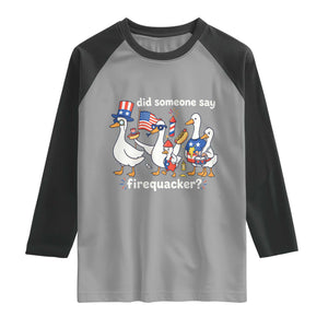 Funny Patriotic Duck Family 4th of July Fireworks Raglan Shirt Did Someone Say Firequacker Word Pun Cute Graphic