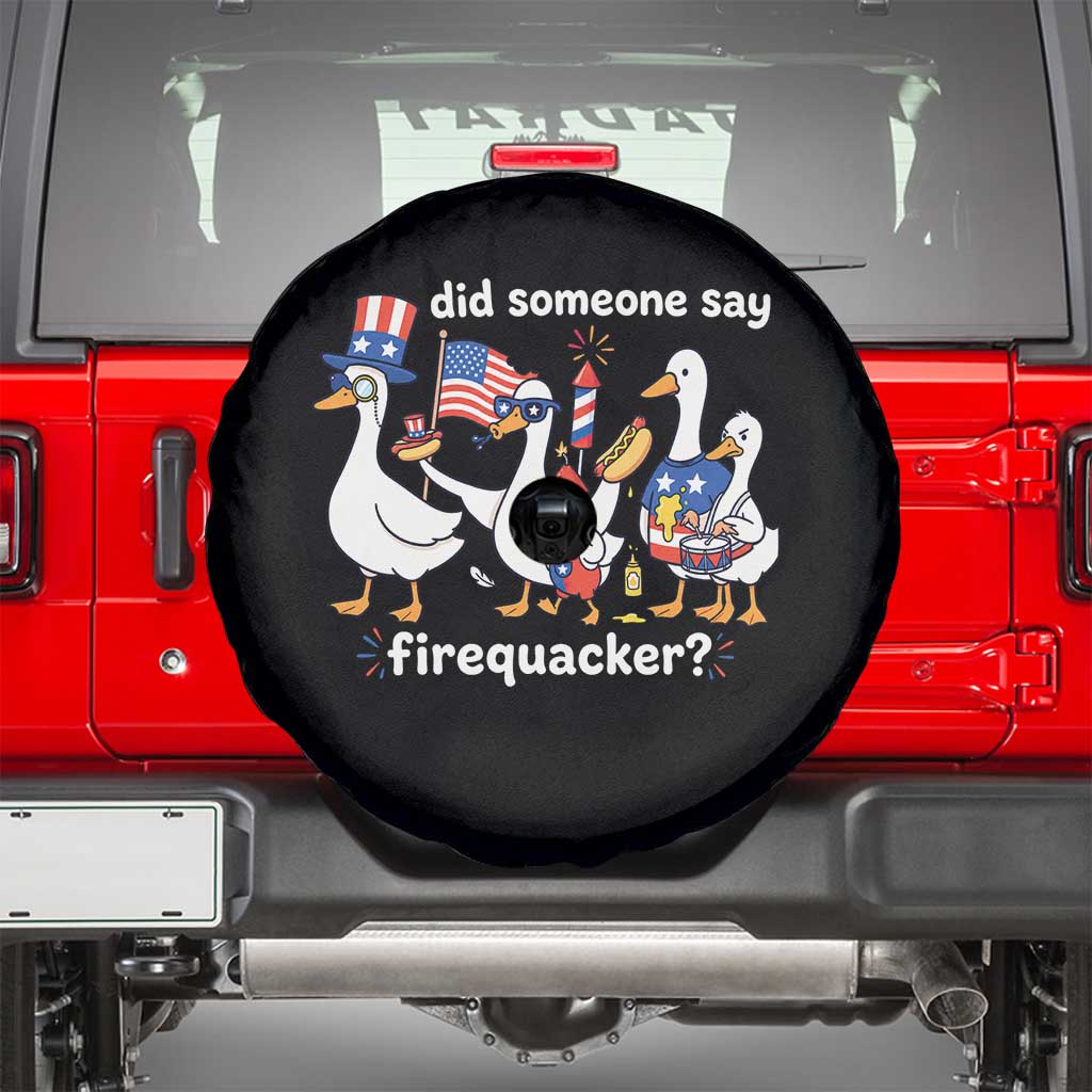 Funny Patriotic Duck Family 4th of July Fireworks Spare Tire Cover Did Someone Say Firequacker Word Pun Cute Graphic