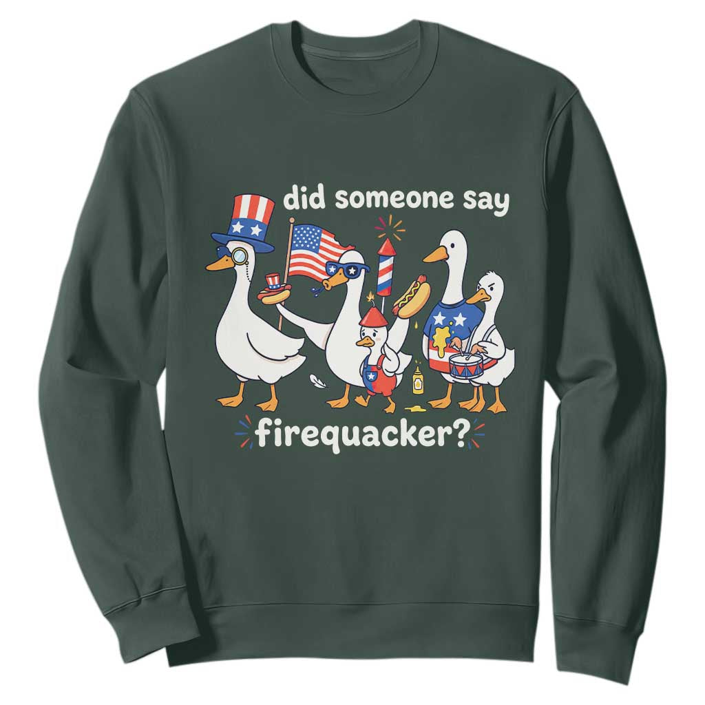 Funny Patriotic Duck Family 4th of July Fireworks Sweatshirt Did Someone Say Firequacker Word Pun Cute Graphic