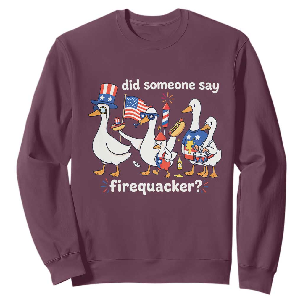 Funny Patriotic Duck Family 4th of July Fireworks Sweatshirt Did Someone Say Firequacker Word Pun Cute Graphic