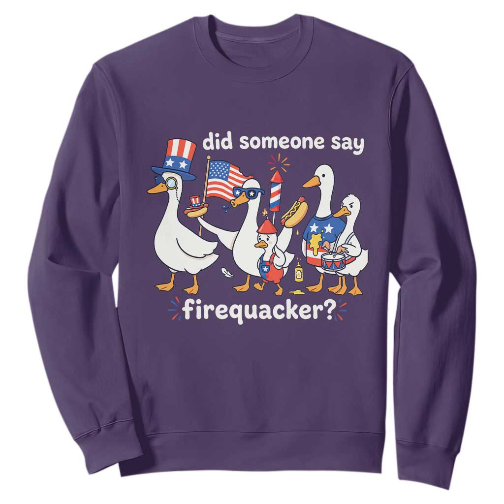 Funny Patriotic Duck Family 4th of July Fireworks Sweatshirt Did Someone Say Firequacker Word Pun Cute Graphic