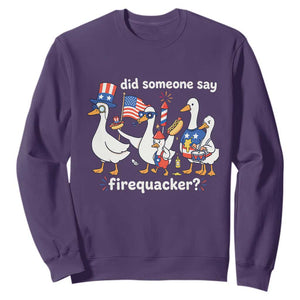 Funny Patriotic Duck Family 4th of July Fireworks Sweatshirt Did Someone Say Firequacker Word Pun Cute Graphic