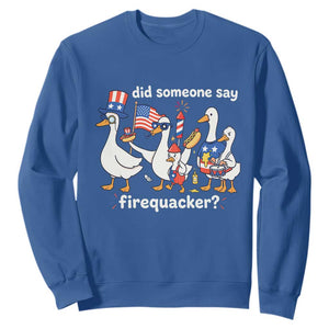 Funny Patriotic Duck Family 4th of July Fireworks Sweatshirt Did Someone Say Firequacker Word Pun Cute Graphic