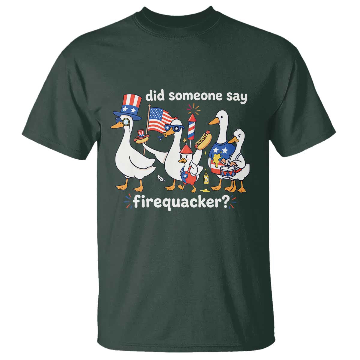 Funny Patriotic Duck Family 4th of July Fireworks T Shirt Did Someone Say Firequacker Word Pun Cute Graphic