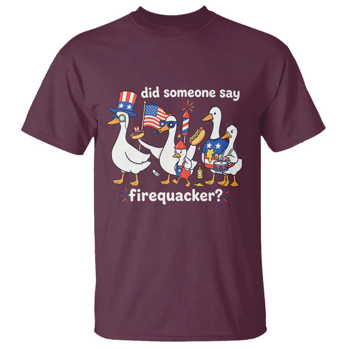 Funny Patriotic Duck Family 4th of July Fireworks T Shirt Did Someone Say Firequacker Word Pun Cute Graphic