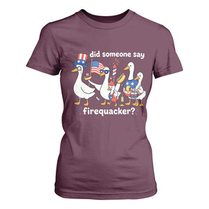 Funny Patriotic Duck Family 4th of July Fireworks T Shirt For Women Did Someone Say Firequacker Word Pun Cute Graphic TS02 Maroon Print Your Wear