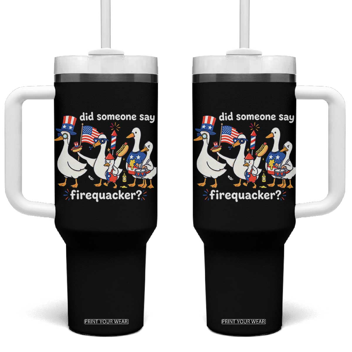 Funny Patriotic Duck Family 4th of July Fireworks Tumbler With Handle Did Someone Say Firequacker Word Pun Cute Graphic