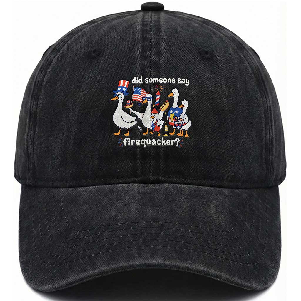Funny Patriotic Duck Family 4th of July Fireworks Washed Cotton Baseball Cap Did Someone Say Firequacker Word Pun Cute Graphic
