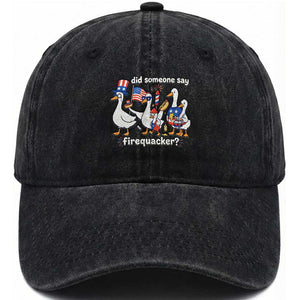 Funny Patriotic Duck Family 4th of July Fireworks Washed Cotton Baseball Cap Did Someone Say Firequacker Word Pun Cute Graphic