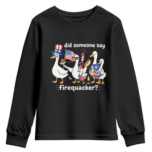 Funny Patriotic Duck Family 4th of July Fireworks Youth Sweatshirt Did Someone Say Firequacker Word Pun Cute Graphic