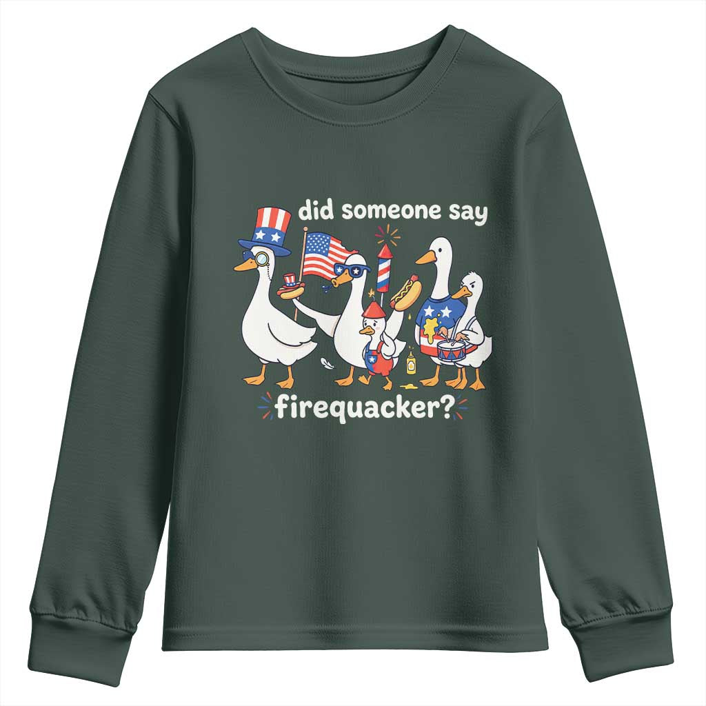 Funny Patriotic Duck Family 4th of July Fireworks Youth Sweatshirt Did Someone Say Firequacker Word Pun Cute Graphic