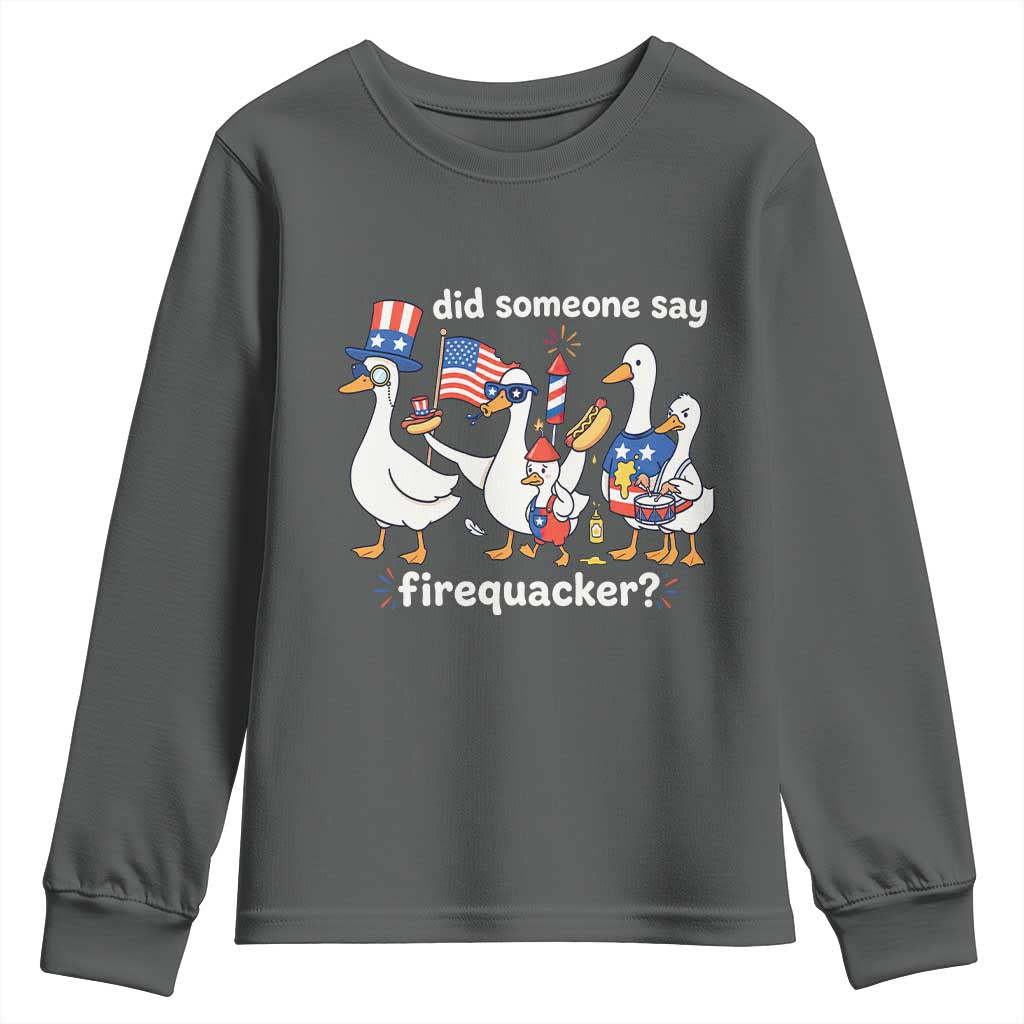 Funny Patriotic Duck Family 4th of July Fireworks Youth Sweatshirt Did Someone Say Firequacker Word Pun Cute Graphic