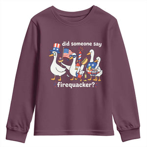 Funny Patriotic Duck Family 4th of July Fireworks Youth Sweatshirt Did Someone Say Firequacker Word Pun Cute Graphic