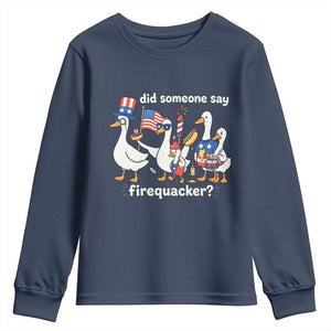 Funny Patriotic Duck Family 4th of July Fireworks Youth Sweatshirt Did Someone Say Firequacker Word Pun Cute Graphic