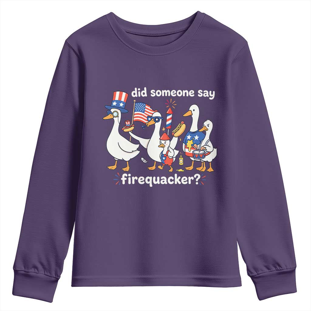 Funny Patriotic Duck Family 4th of July Fireworks Youth Sweatshirt Did Someone Say Firequacker Word Pun Cute Graphic