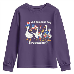 Funny Patriotic Duck Family 4th of July Fireworks Youth Sweatshirt Did Someone Say Firequacker Word Pun Cute Graphic