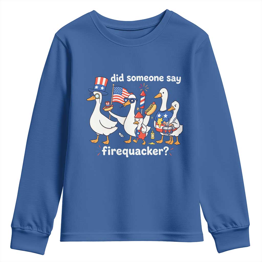 Funny Patriotic Duck Family 4th of July Fireworks Youth Sweatshirt Did Someone Say Firequacker Word Pun Cute Graphic