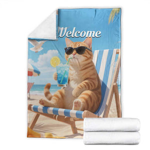 Welcome Beach Lounge Orange Tabby Cat Tropical Vacation Throw Blanket