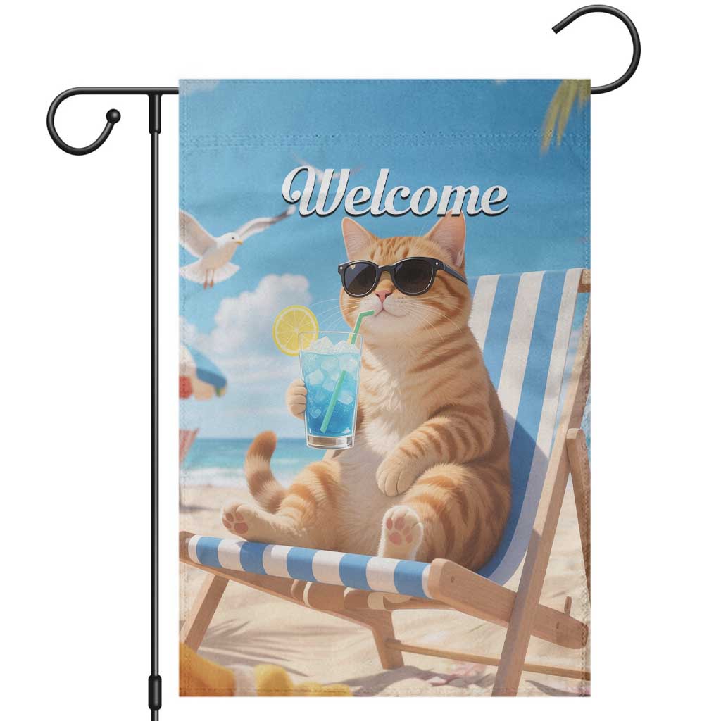 Welcome Beach Lounge Orange Tabby Cat Tropical Vacation Garden Flag