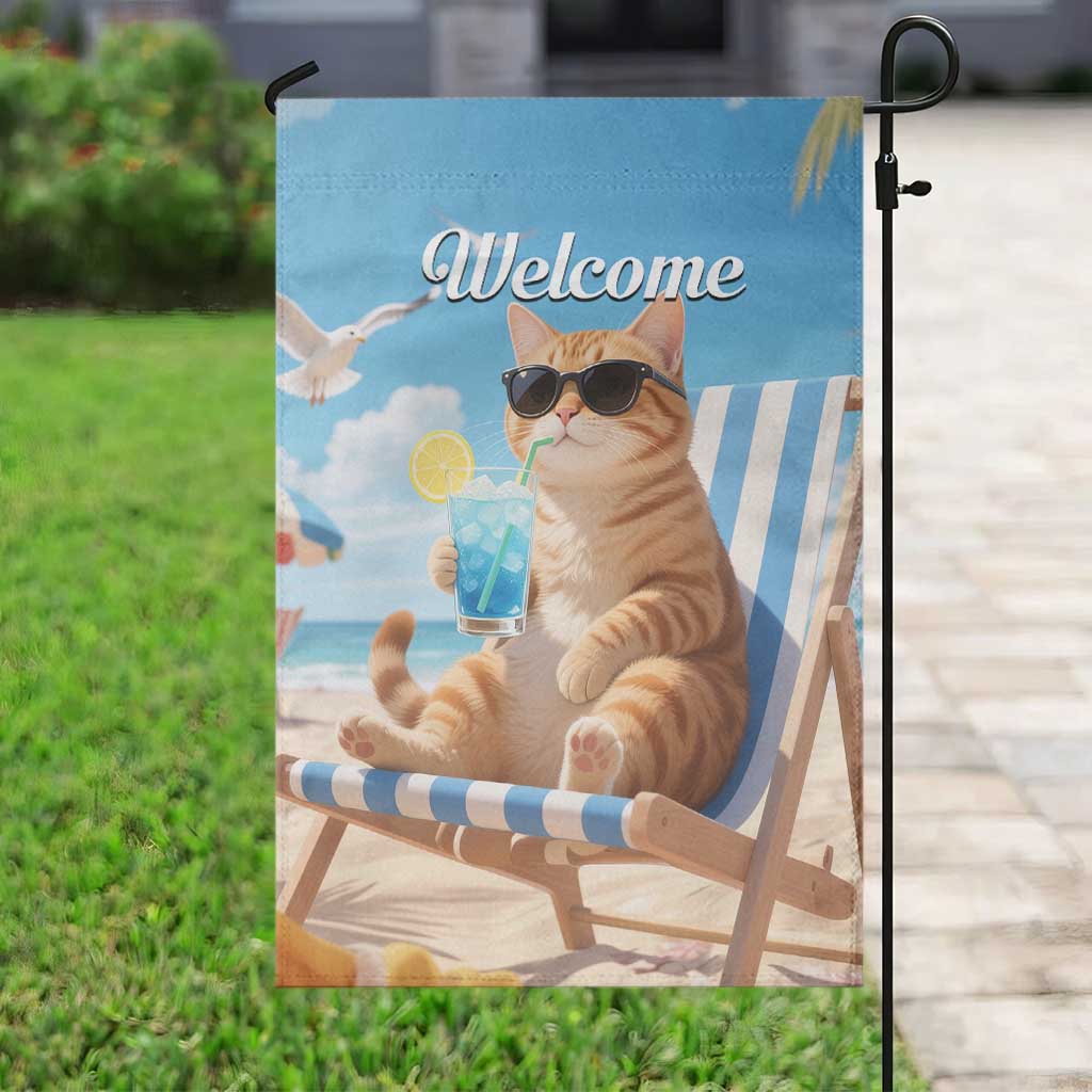 Welcome Beach Lounge Orange Tabby Cat Tropical Vacation Garden Flag
