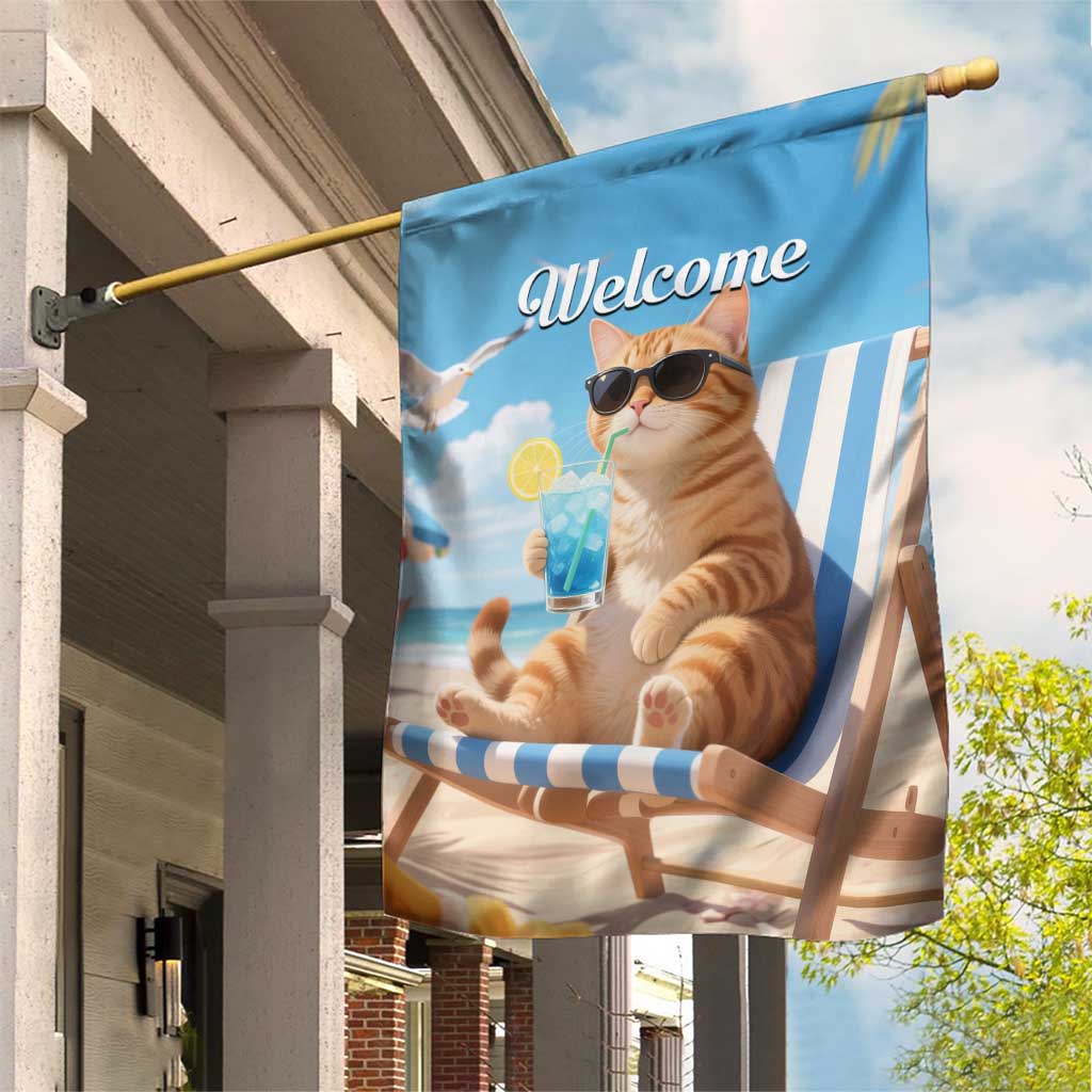 Welcome Beach Lounge Orange Tabby Cat Tropical Vacation Garden Flag
