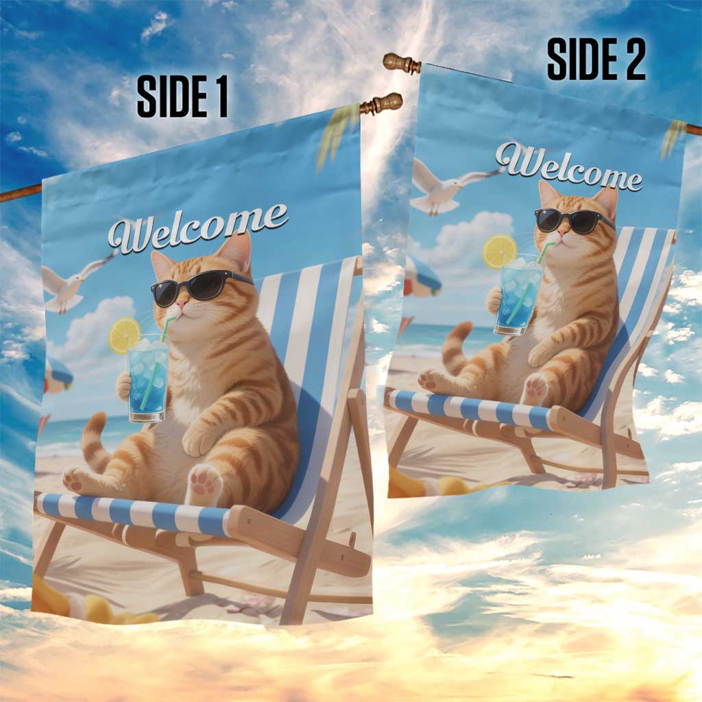 Welcome Beach Lounge Orange Tabby Cat Tropical Vacation Garden Flag