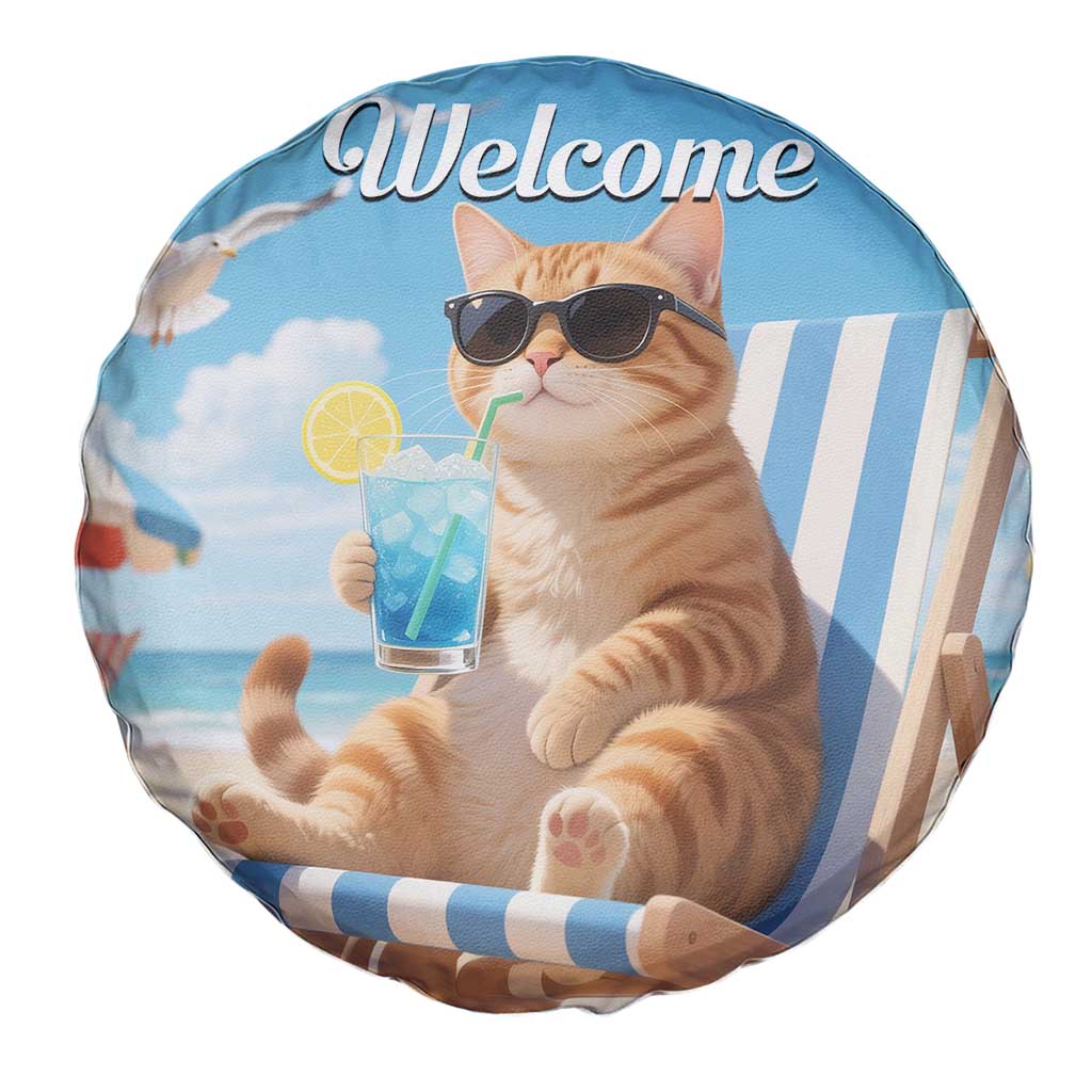 Welcome Beach Lounge Orange Tabby Cat Tropical Vacation Spare Tire Cover TS02 Print Your Wear