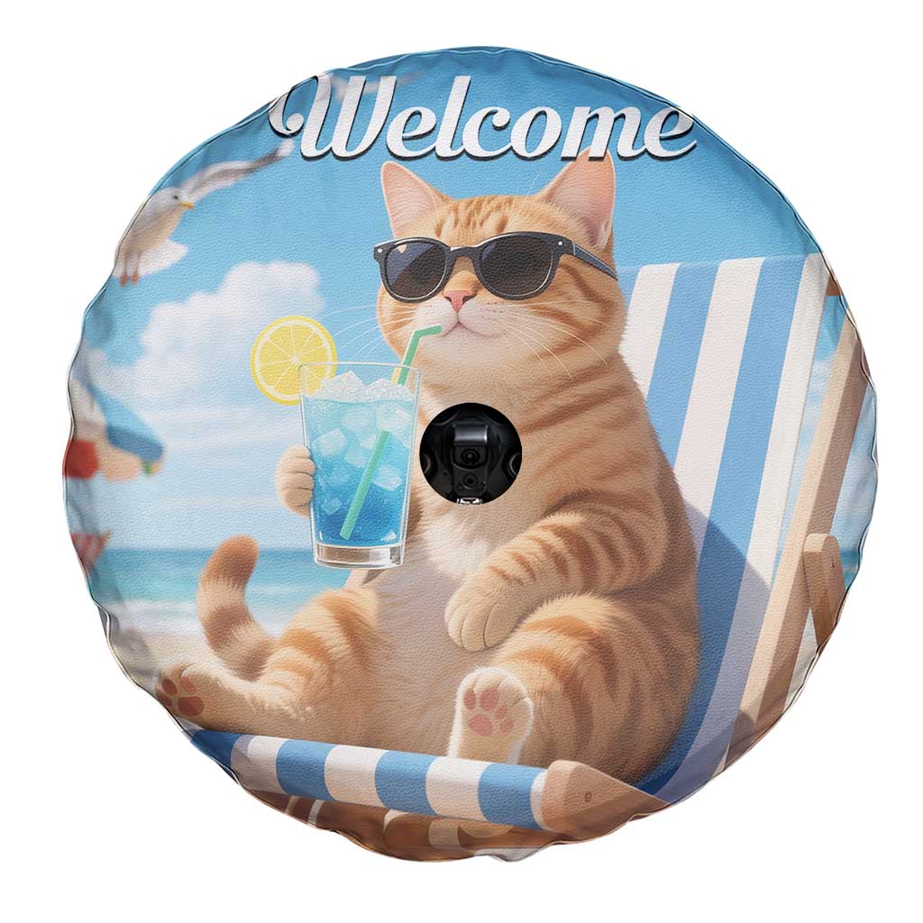 Welcome Beach Lounge Orange Tabby Cat Tropical Vacation Spare Tire Cover TS02 Print Your Wear