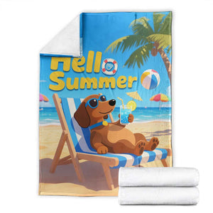 Hello Summer Wiener Dog Dachshund Relaxing on Beach Throw Blanket