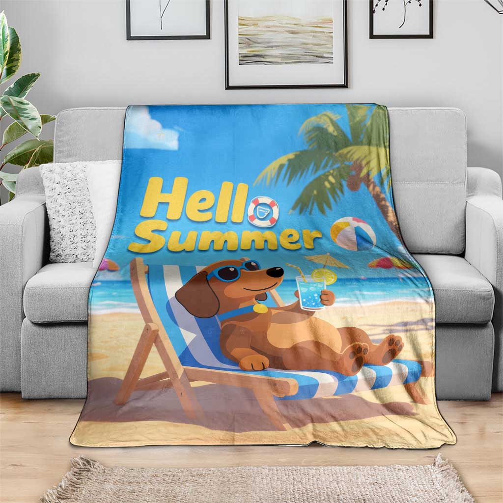 Hello Summer Wiener Dog Dachshund Relaxing on Beach Throw Blanket