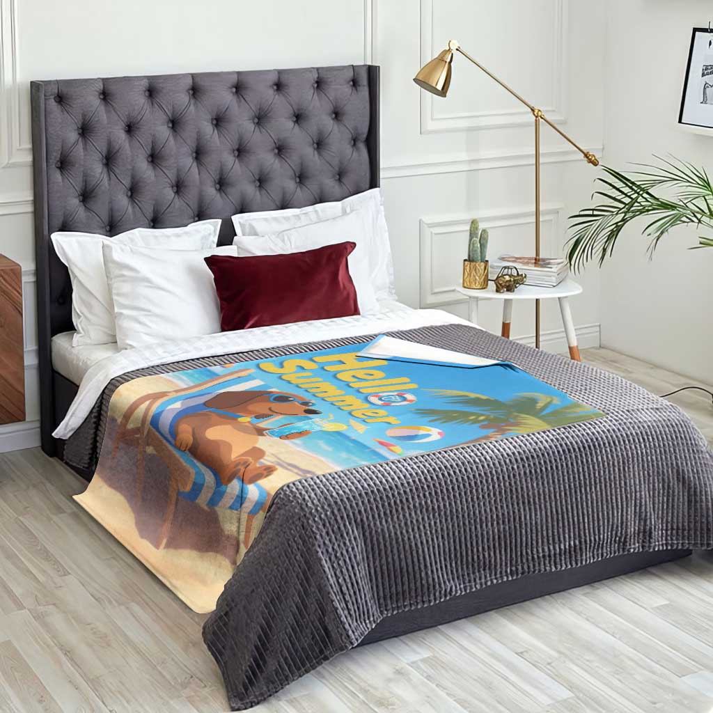 Hello Summer Wiener Dog Dachshund Relaxing on Beach Throw Blanket