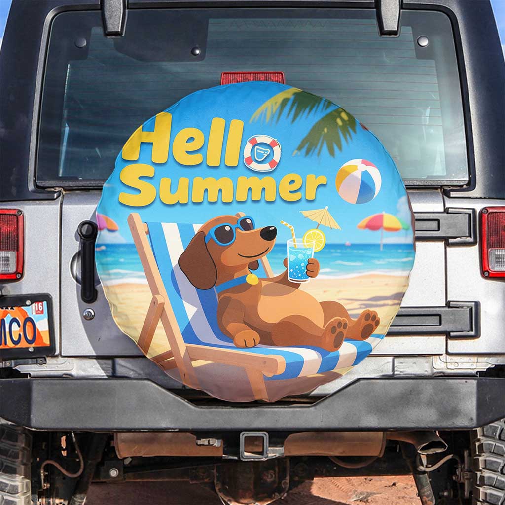 Hello Summer Wiener Dog Dachshund Relaxing on Beach Spare Tire Cover TS02 No hole Summer Oasis Print Your Wear