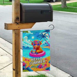Hello Summer Highland Cow Floating Tropical Beach Garden Flag Oasis Summer Vibes TS02 Print Your Wear