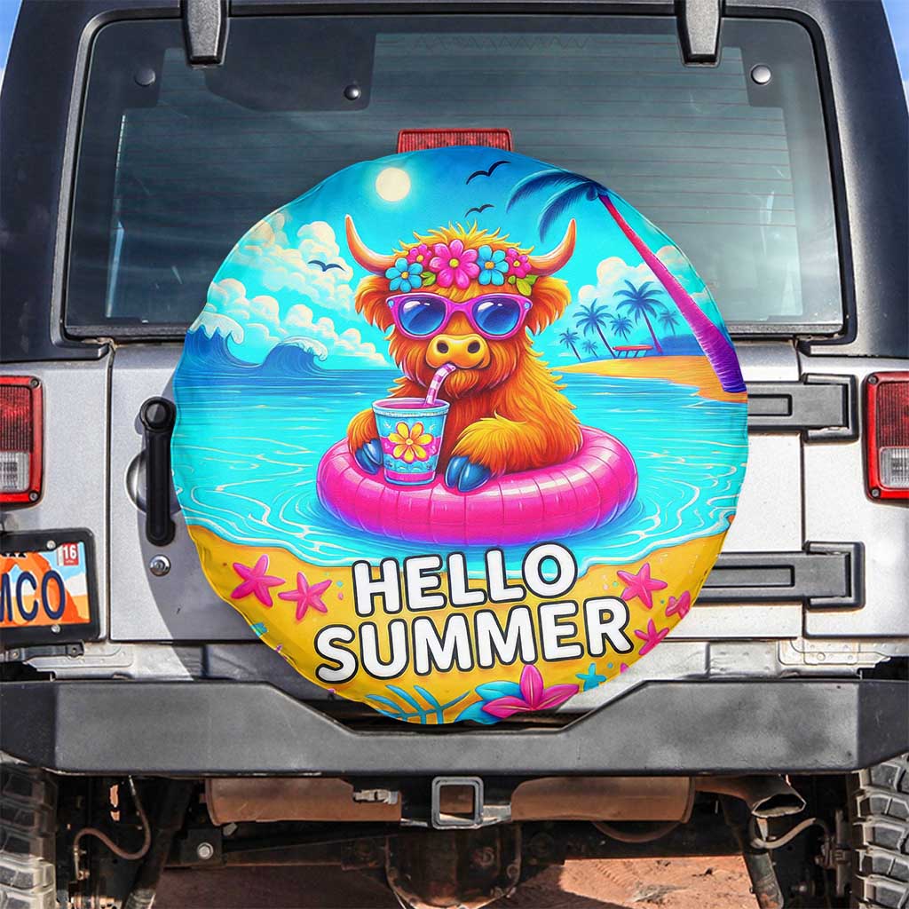 Hello Summer Highland Cow Floating Tropical Beach Spare Tire Cover Oasis Summer Vibes TS02 No hole Tropical Blue Print Your Wear