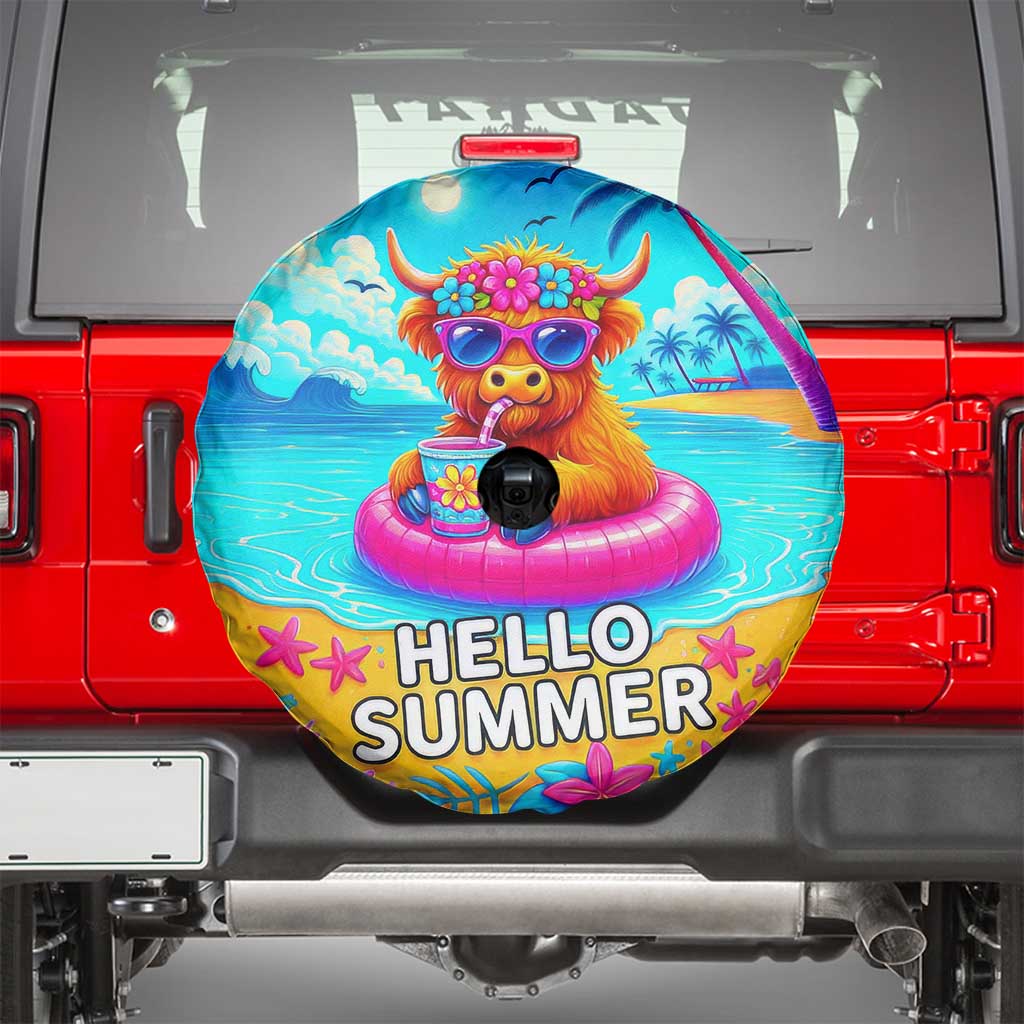Hello Summer Highland Cow Floating Tropical Beach Spare Tire Cover Oasis Summer Vibes TS02 Tropical Blue Print Your Wear