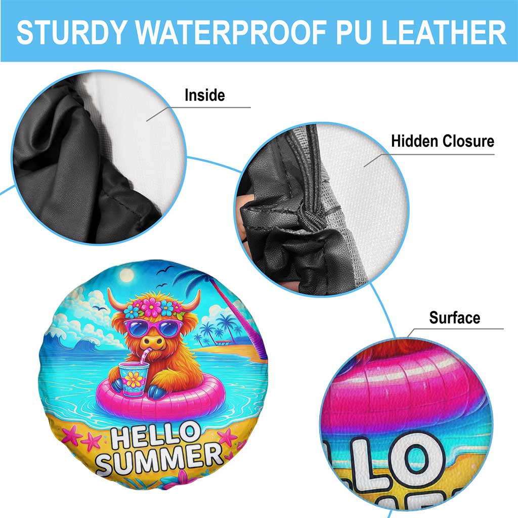 Hello Summer Highland Cow Floating Tropical Beach Spare Tire Cover Oasis Summer Vibes TS02 Print Your Wear