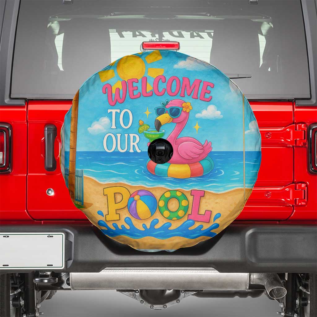 Welcome to Our Pool Floating Flamingo Tropical Spare Tire Cover Oasis Summer Vibes Beach Vacation TS02 Tropical Blue Print Your Wear